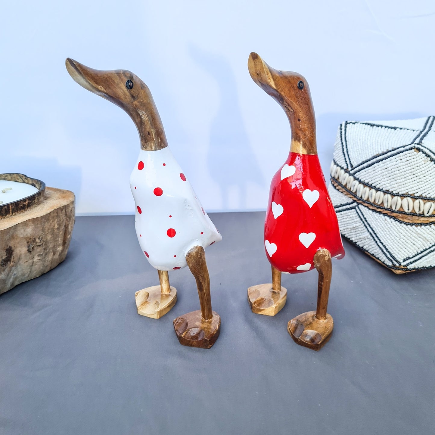Set 2pcs Wooden Duck couple ducks red and white