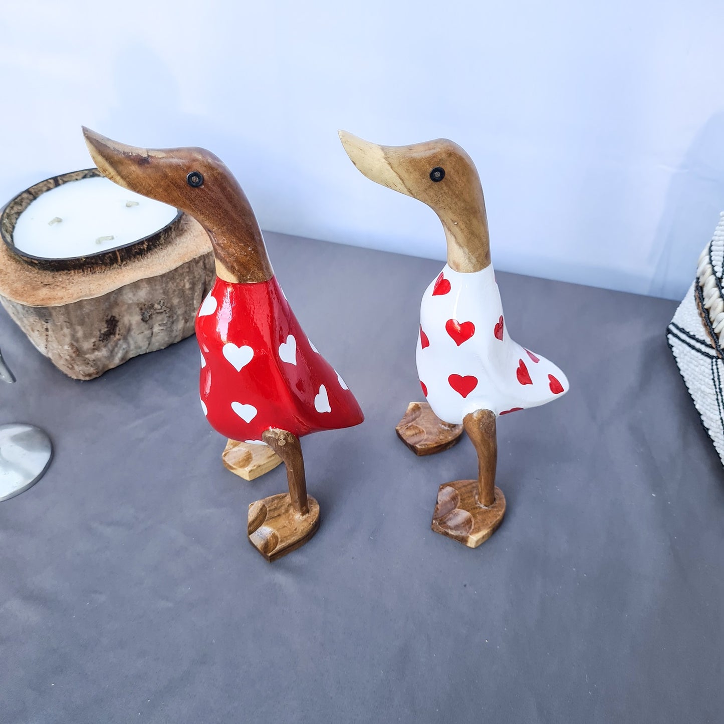 Set 2pcs Wooden Duck couple ducks white and red