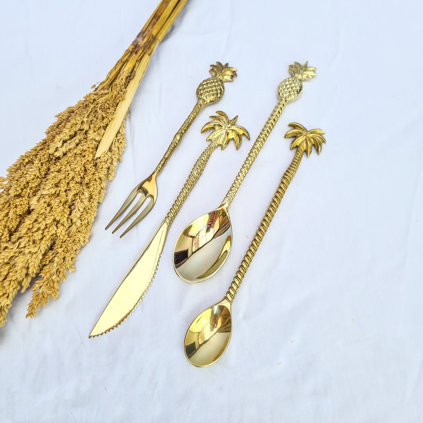 Cutlery set dessert palm and pineapple hand made brass eco tableware fork spoon knife bali flatware silverware luxury