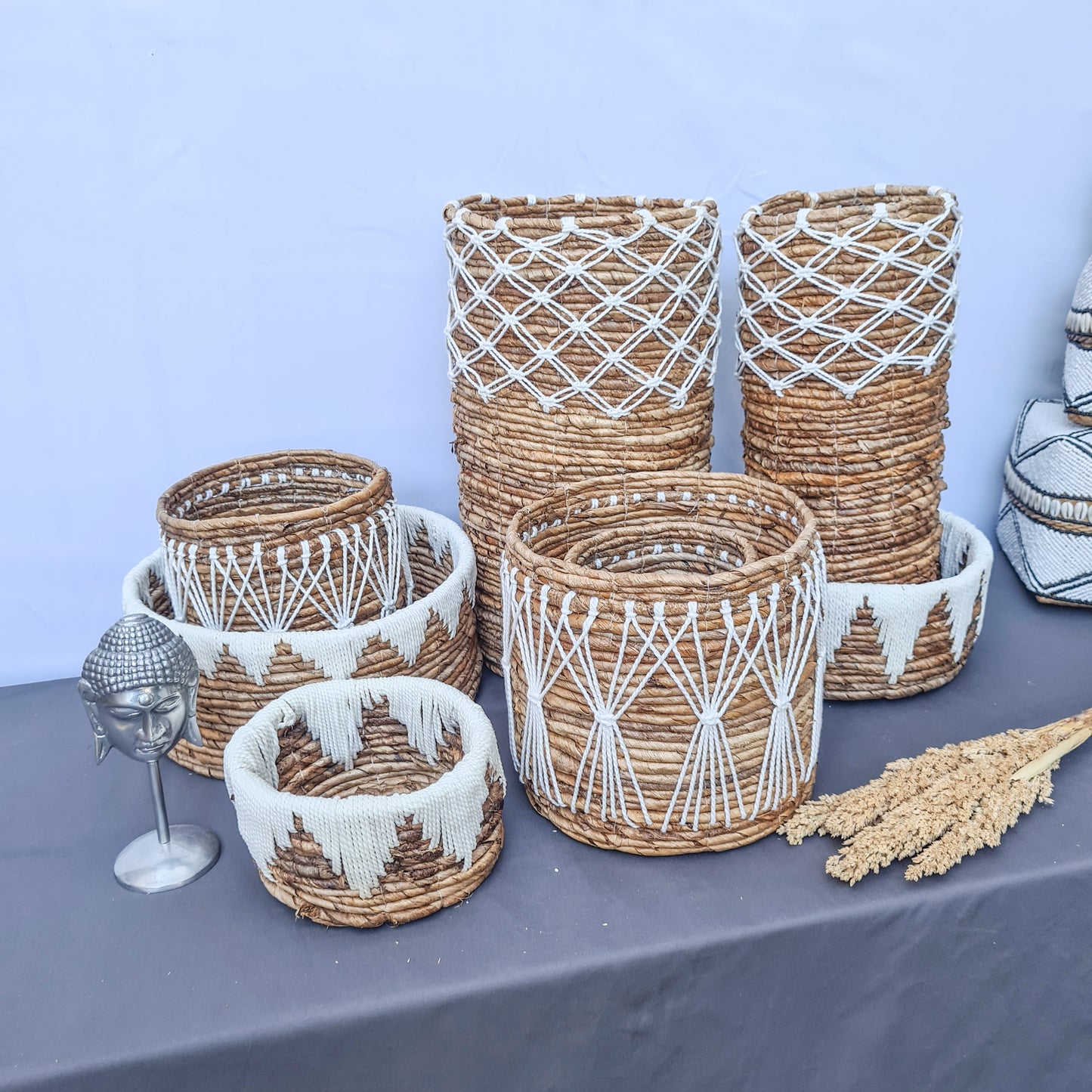 Set of small wicker baskets from banana tree leaf and macrame hand made kitchen basket bread place fruit home decor flower pot