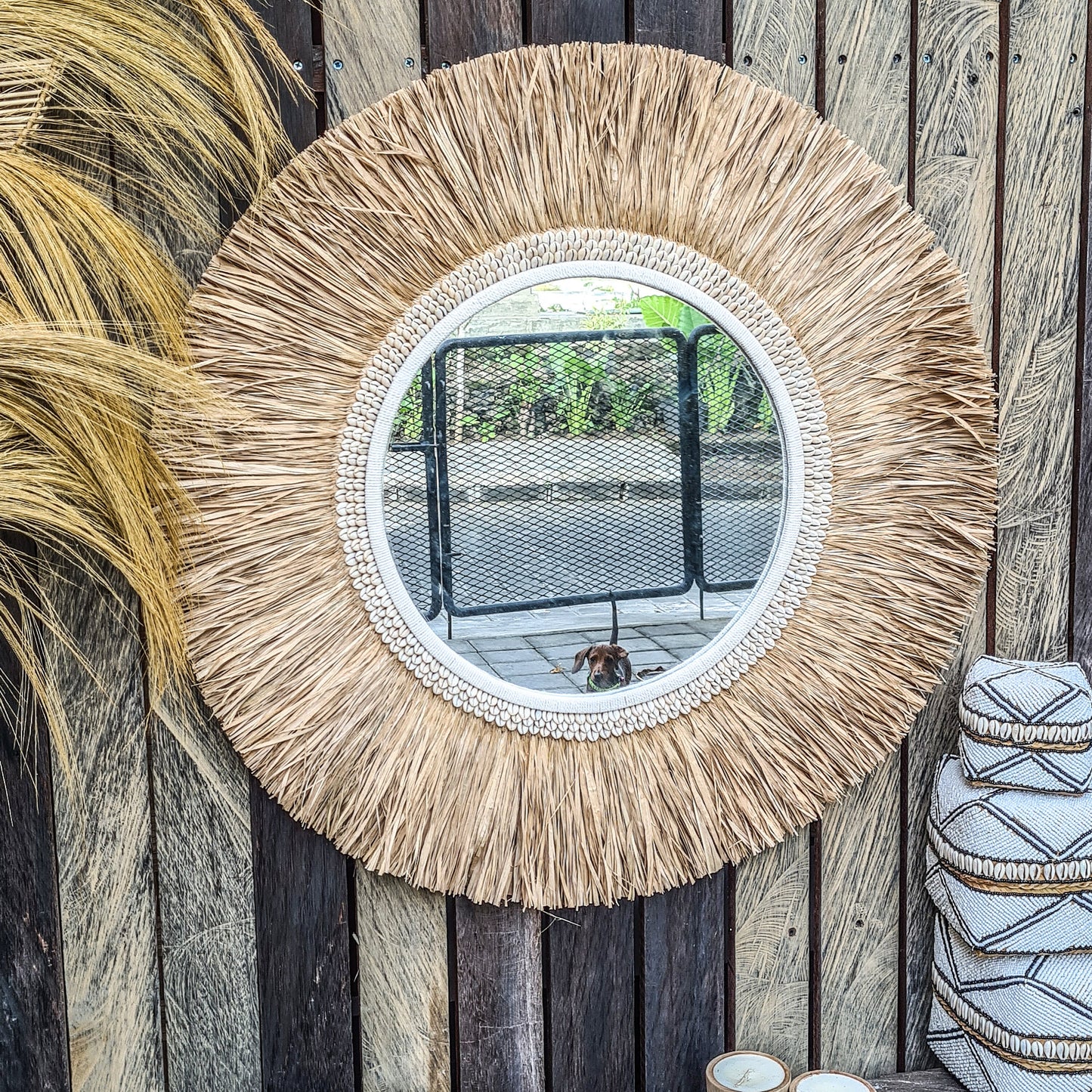 Tropical mirror 80cm boho decoration made from palm and shells bohemian mirror wall decor wall hangings feather decor