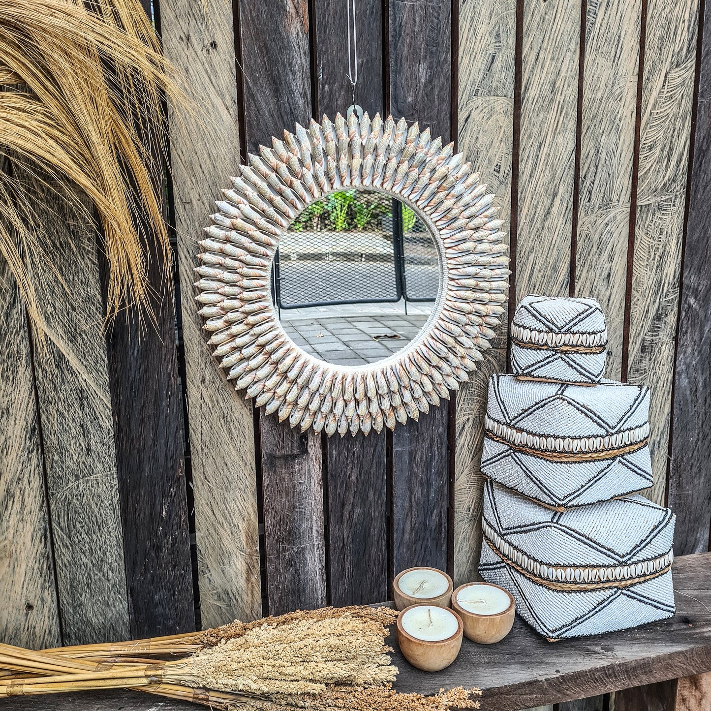 Shell mirror 44cm boho decoration made from long sea shells bohemian mirror wall decor wall hangings shells decor