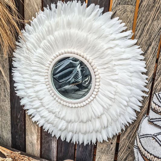 Feather mirror 60cm made from shells feathers agel wall decor wall hangings boho mirror bohemian decor eco decor white mirror feather frame