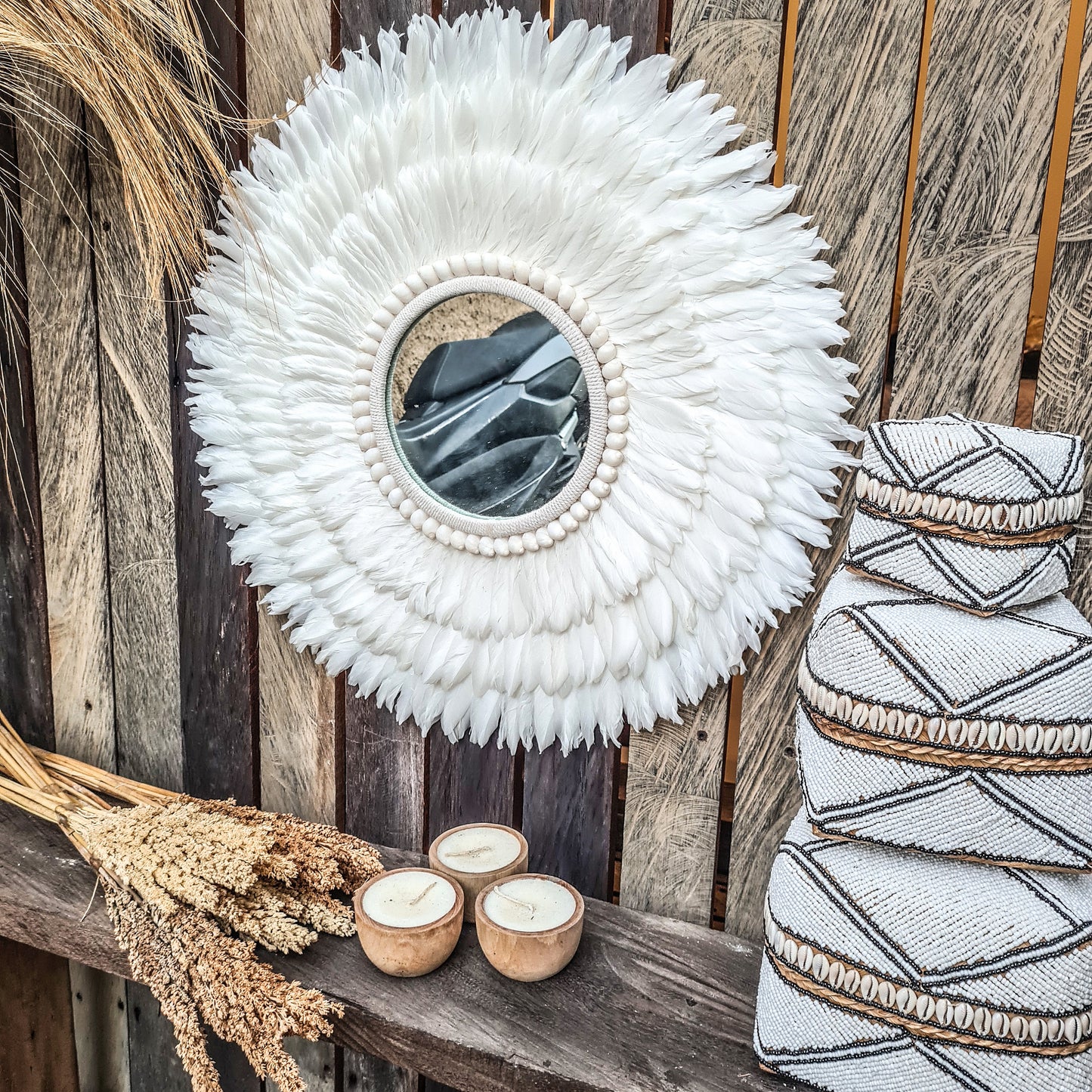 Feather mirror 60cm made from shells feathers agel wall decor wall hangings boho mirror bohemian decor eco decor white mirror feather frame