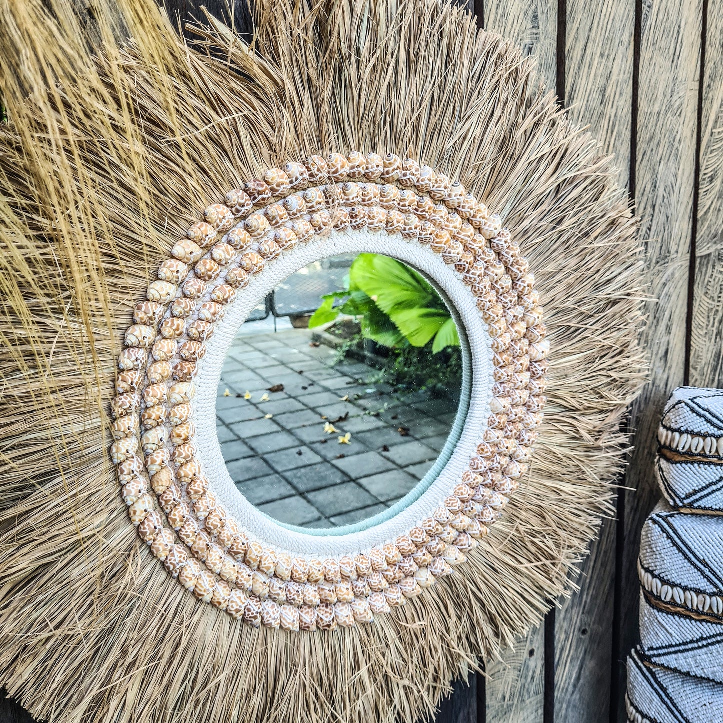 Boho mirror 63cm palm leaf and orange shells bohemian style wall decor eco mirror wall hangings juju hat