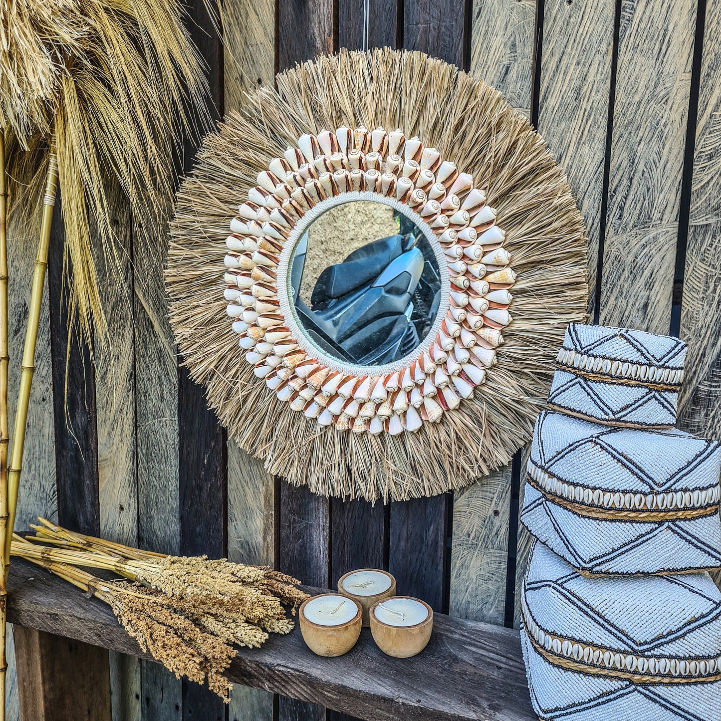Boho mirror 63cm palm leaf and large orange shells wall hangings juju hat bohemian style wall decor eco mirror