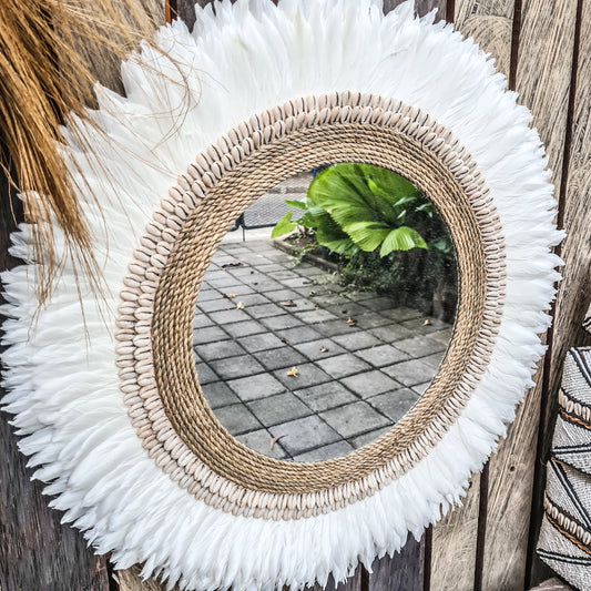 Feather frame mirror 60cm made from shells feathers agel wall decor wall hangings boho mirror bohemian decor eco decor white mirror juju hat