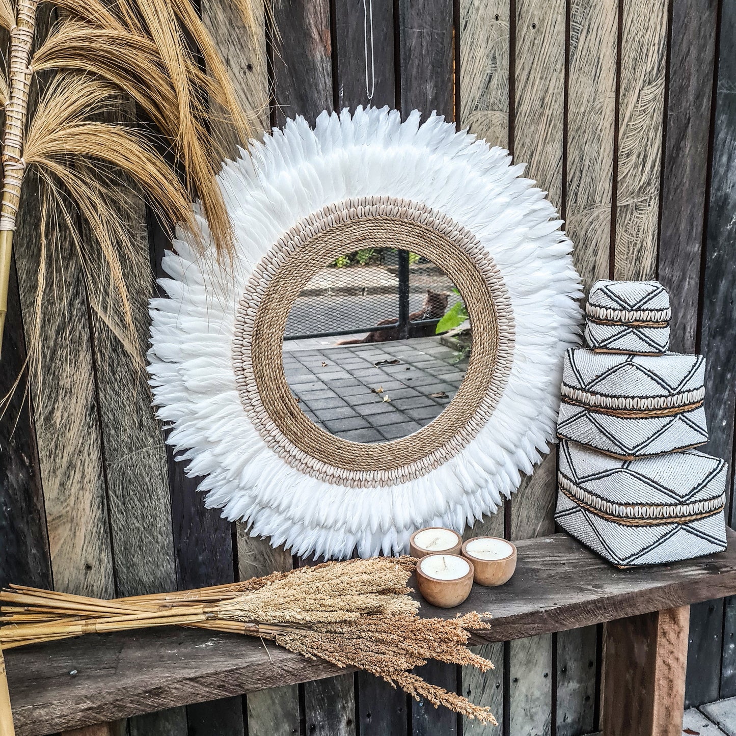 Feather frame mirror 70cm made from shells feathers agel wall decor wall hangings boho mirror bohemian decor juju hat white mirror