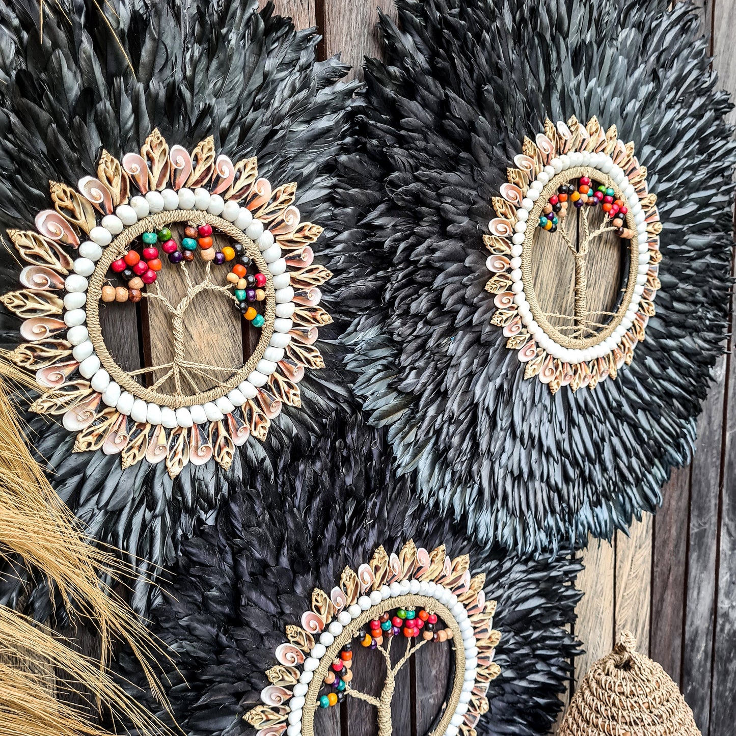Wall decor set of 3 65,55,45cm black jujuhat juju hat feather wall decor wall hangings tree inside shell decoration bohemian style