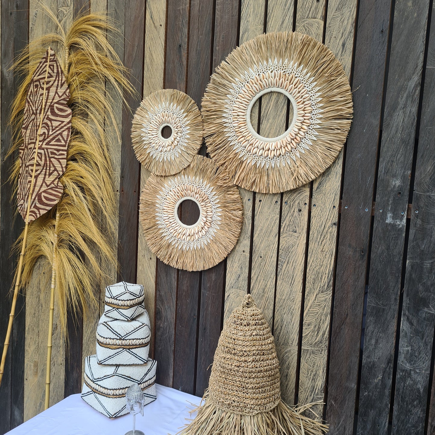 Wall decor set of 3 50,40,30cm palm rafia shells wall hangings jujuhat juju hat shell decoration bohemian style boho wall decor