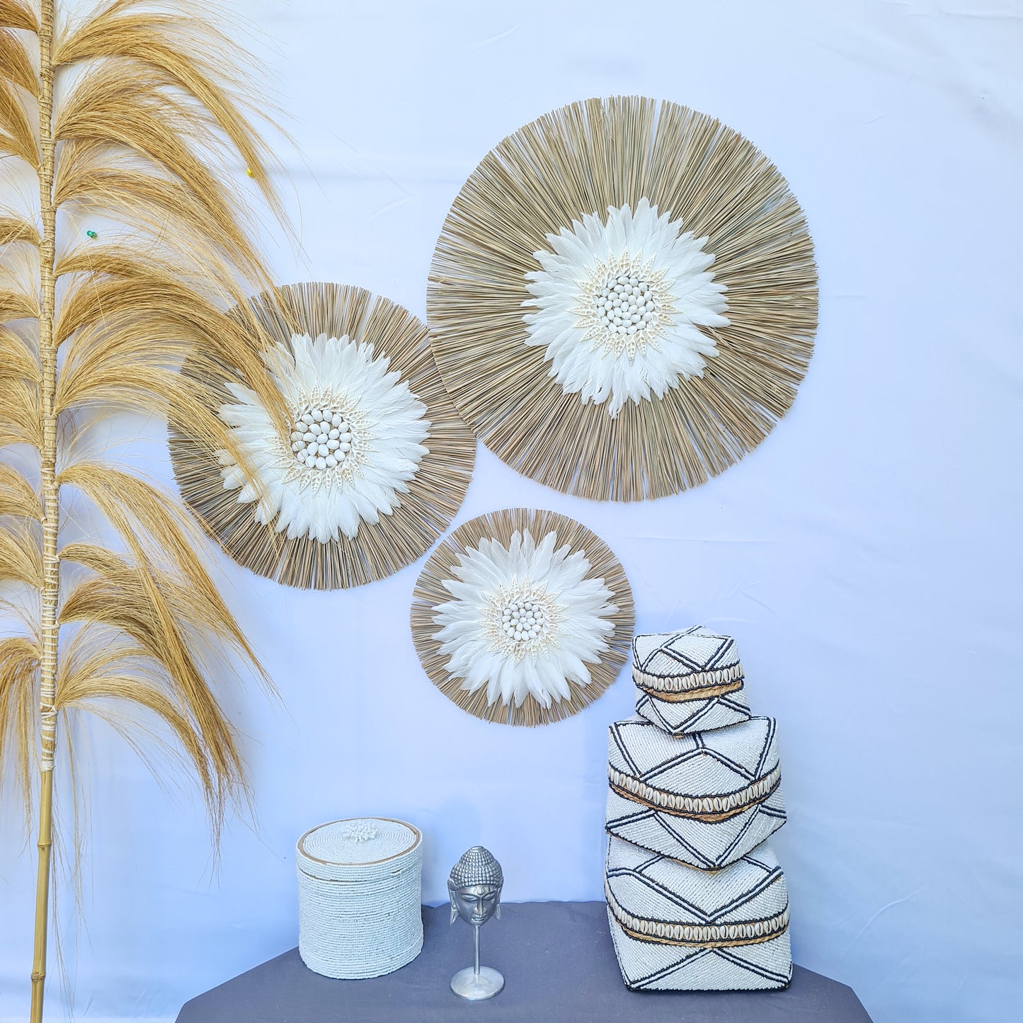 Wall decor set of 3 feather fimbristylis shells 50,40,30cm jujuhat juju hat wall decor wall hangings decoration bohemian style boho decor