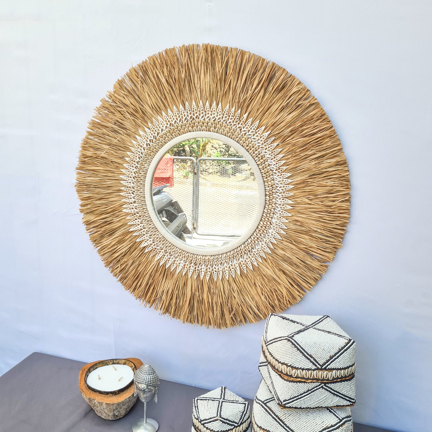 Tropical mirror 70cm boho decoration made from palm shells bohemian mirror wall decor wall hangings rafia decor