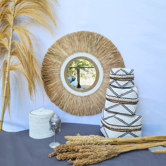 Boho mirror 60cm white beads palm leaf and agel bohemian wall mirror wall hangings juju hat tropical decoration eco mirror