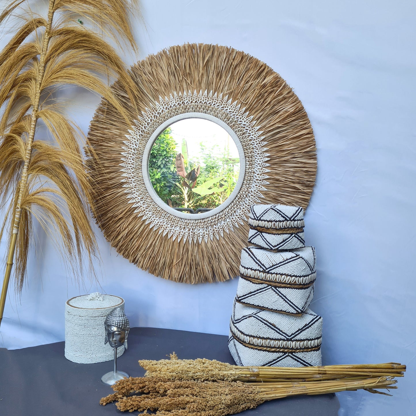 Boho mirror 60cm bohemian wall mirror palm leaf and shells wall hangings juju hat tropical decoration eco mirror tropic style