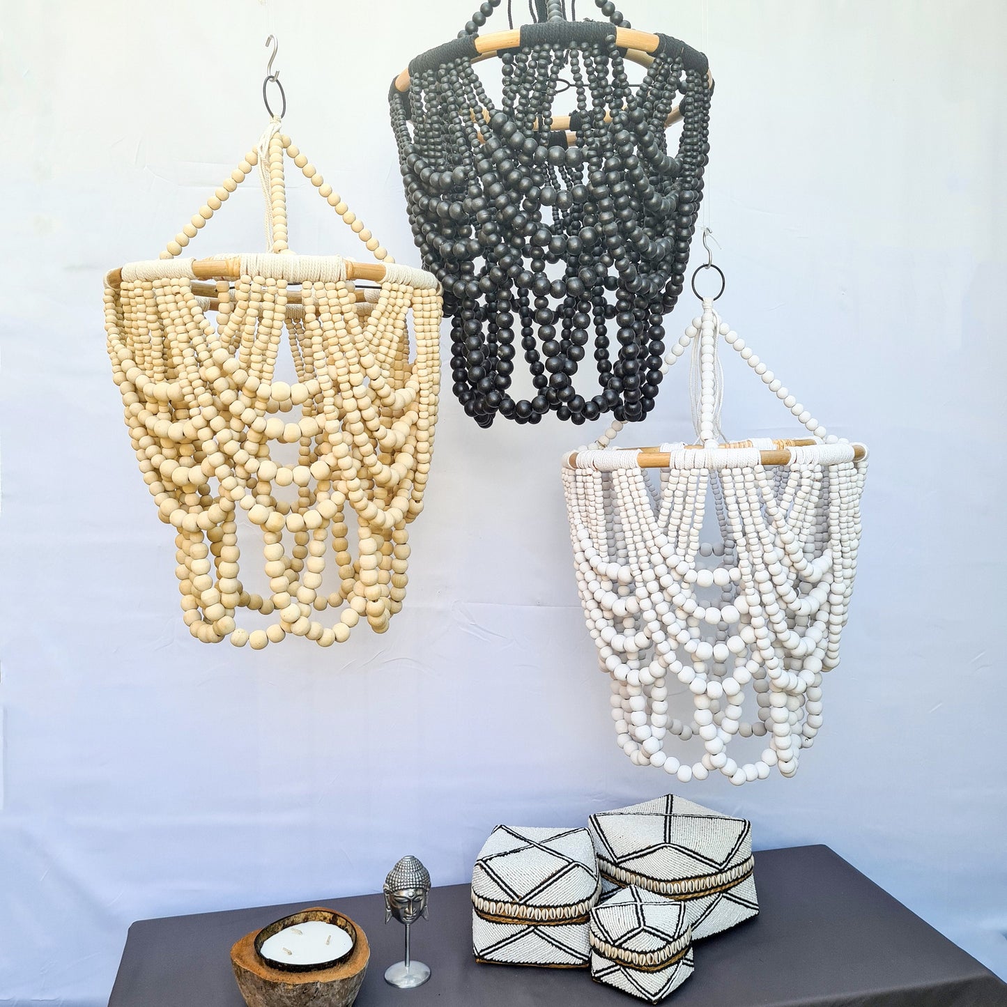 Pendant lampshade 40x65cm "Diana" | beaded chandelier wooden rattan ring lamp shade beads lighting eco decor interior items boho