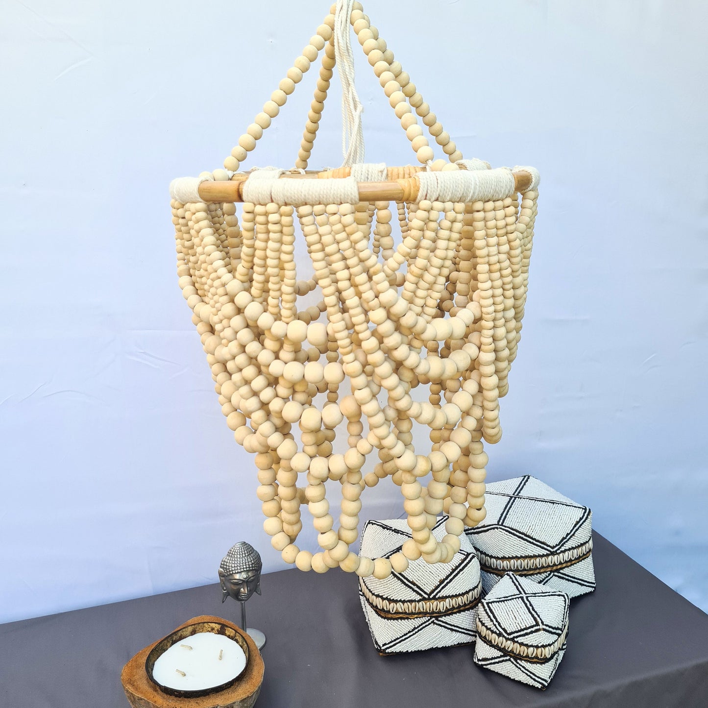 Pendant lampshade "Diana" 40x65cm clear | beaded chandelier wooden lamp shade beads rattan ring lighting eco decor interior items boho