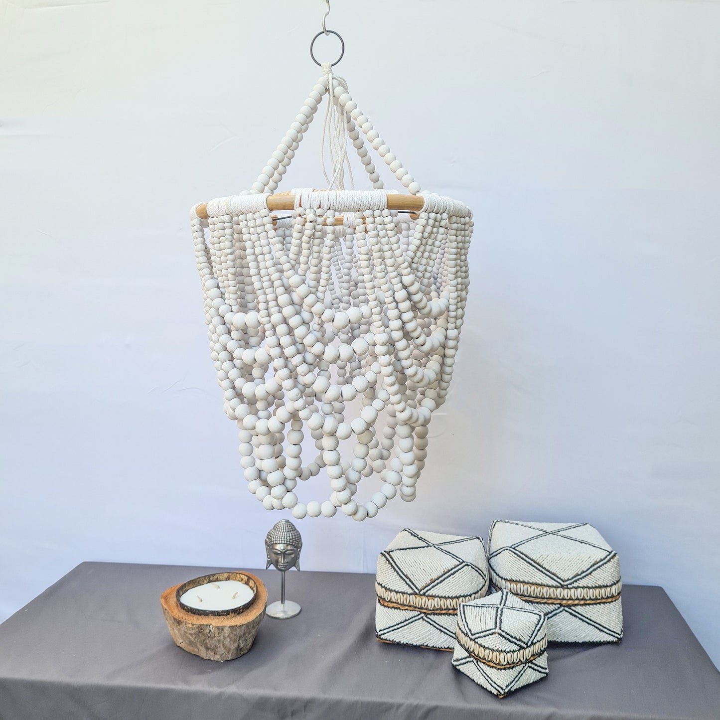 Pendant lampshade "Diana" 40x65cm white | beaded chandelier wooden rattan ring lamp shade beads lighting eco decor interior items boho