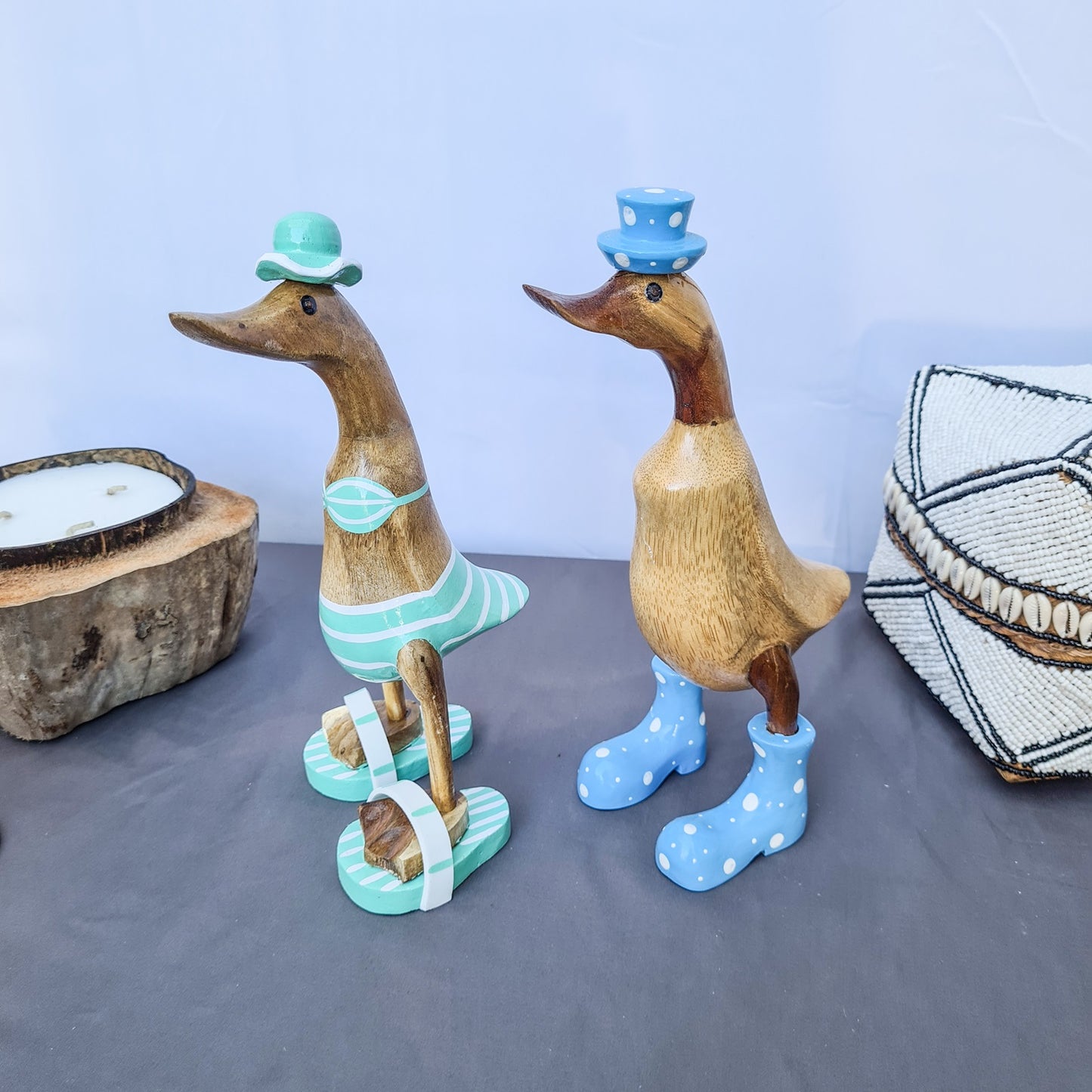Set 2pcs Wooden Duck couple ducks blue and green