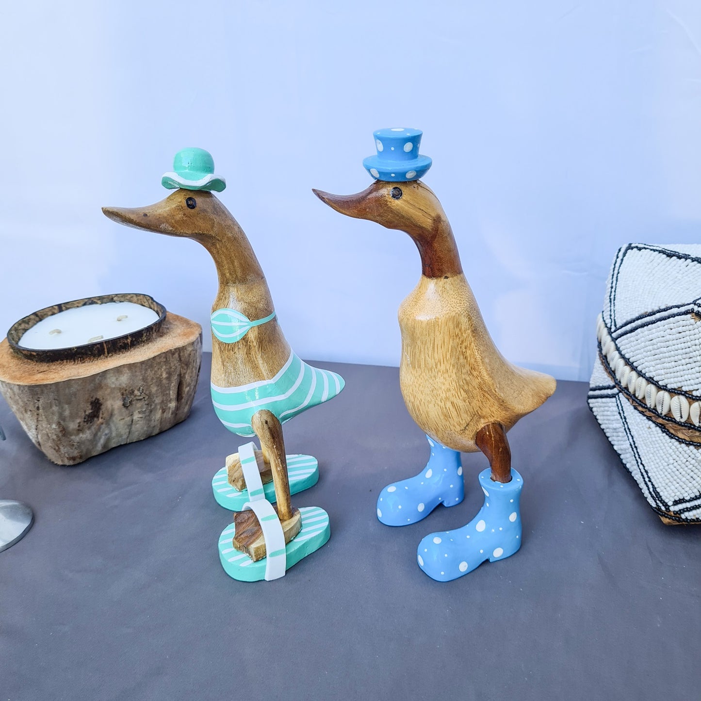 Set 2pcs Wooden Duck couple ducks blue and green