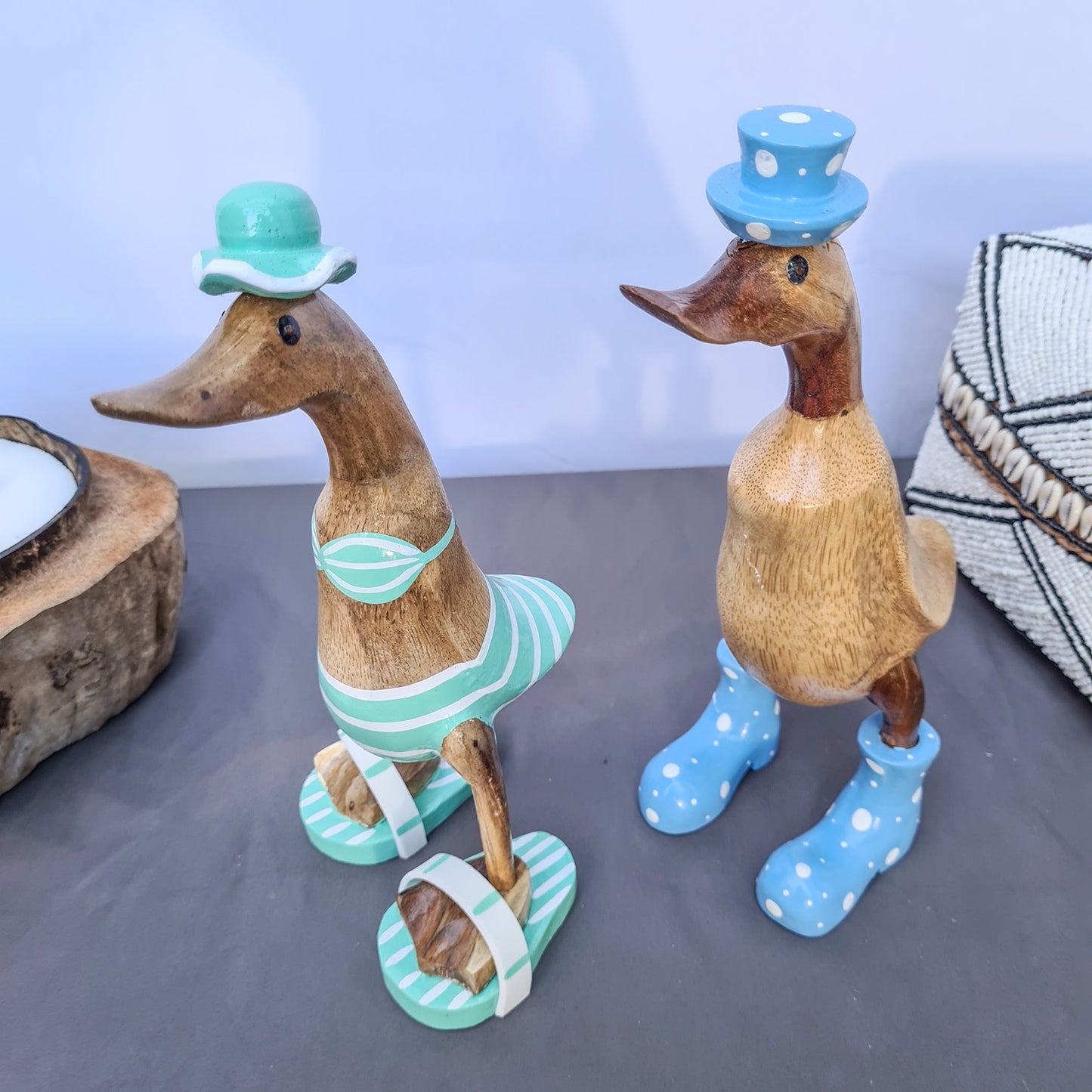 Set 2pcs Wooden Duck couple ducks blue and green