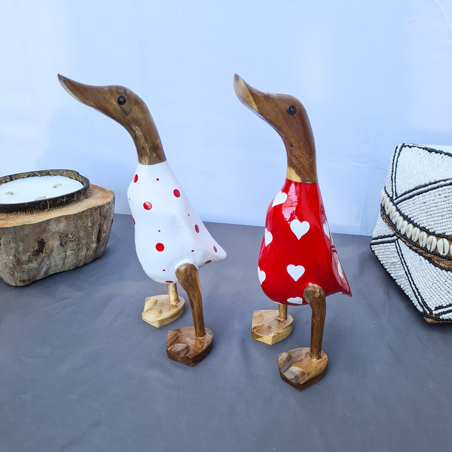 Set 2pcs Wooden Duck couple ducks red and white