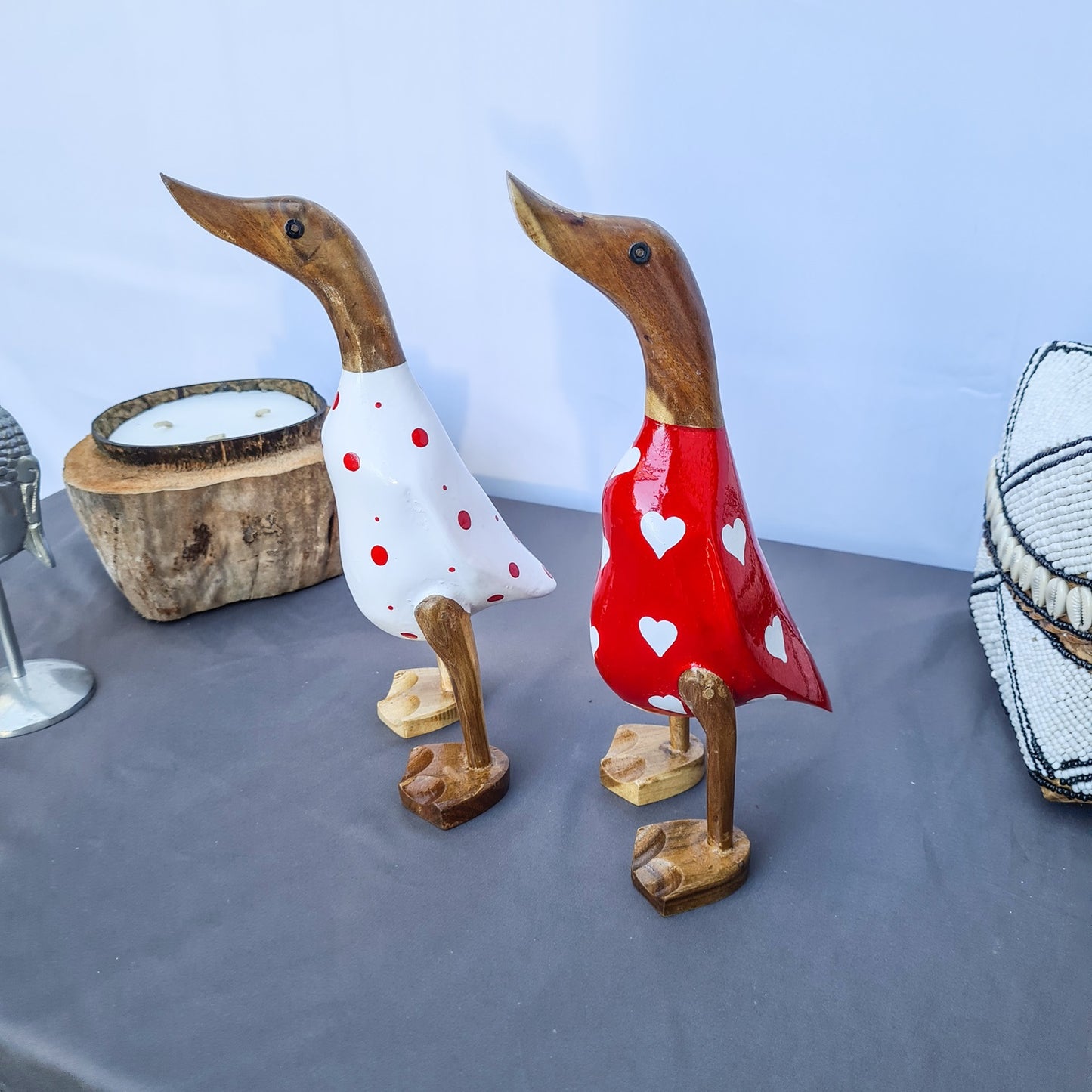 Set 2pcs Wooden Duck couple ducks red and white