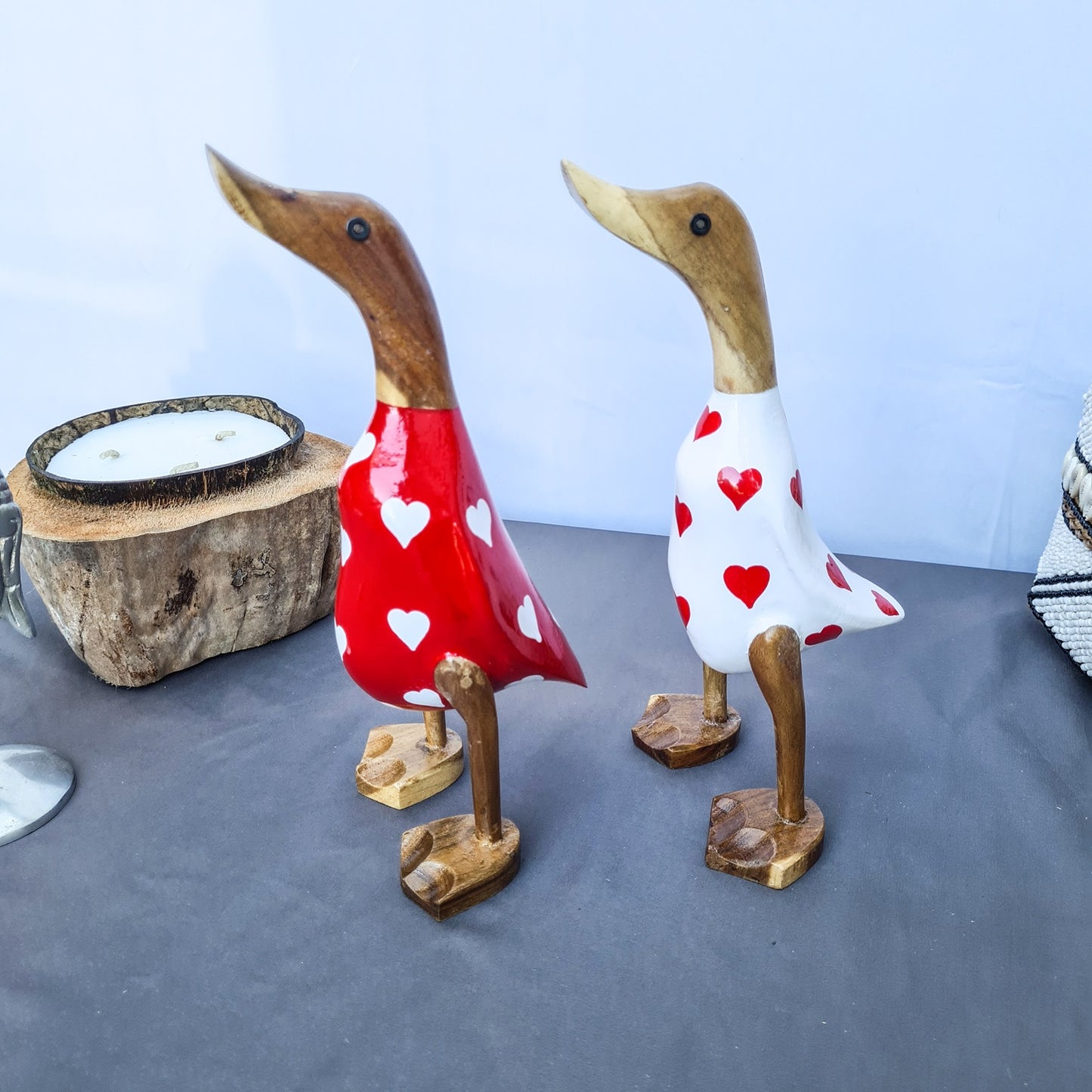 Set 2pcs Wooden Duck couple ducks white and red