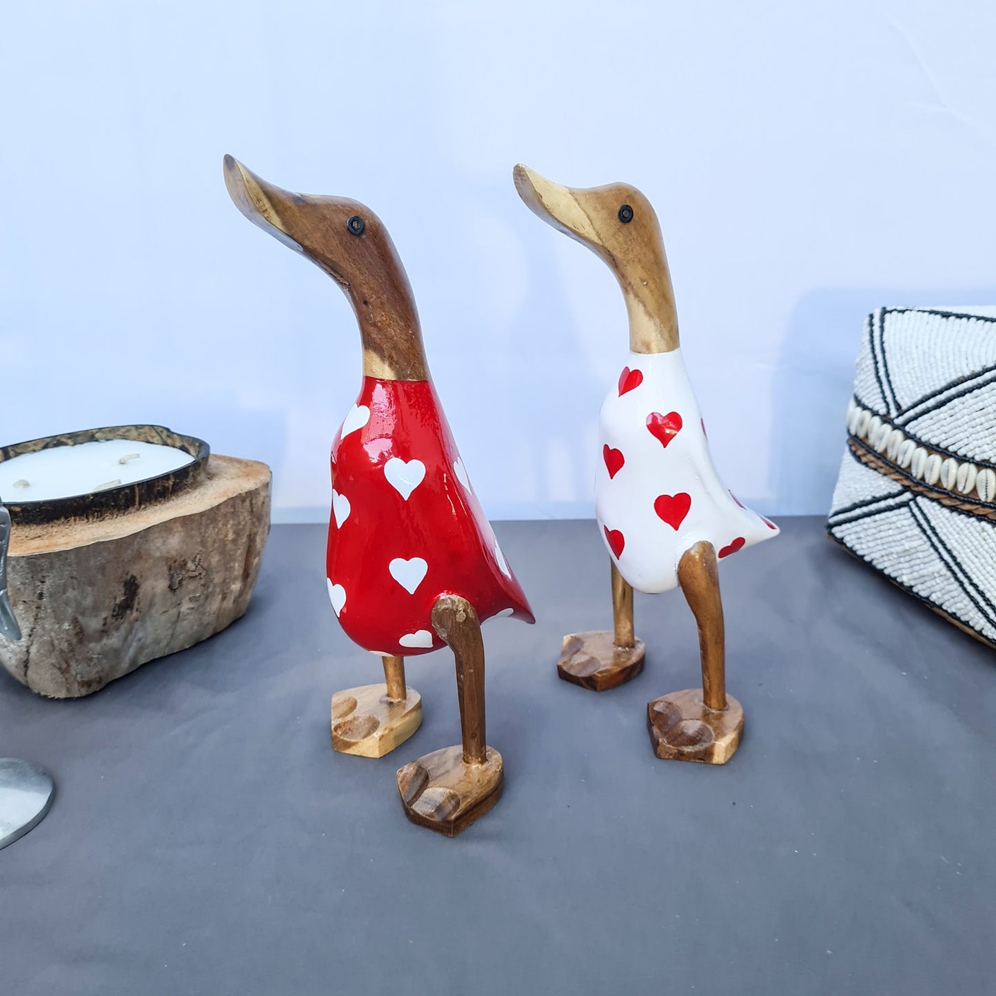 Set 2pcs Wooden Duck couple ducks white and red