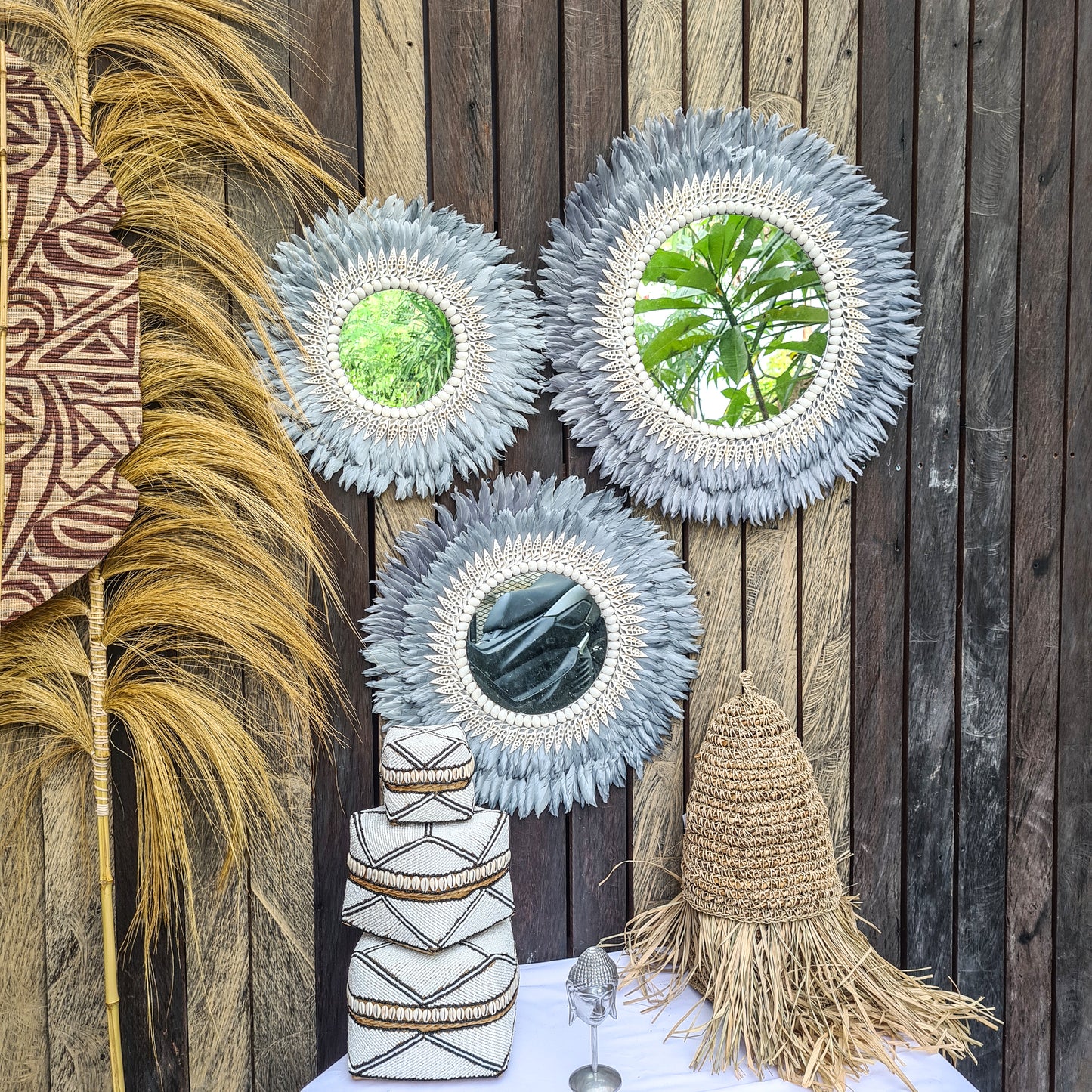 Gray Juju mirror decor 40,50,60cm feather frame juju hat wall decor boho decor wall hangings sea shells decor bohemian item