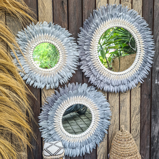 Gray Juju mirror decor 40,50,60cm feather frame juju hat wall decor boho decor wall hangings sea shells decor bohemian item