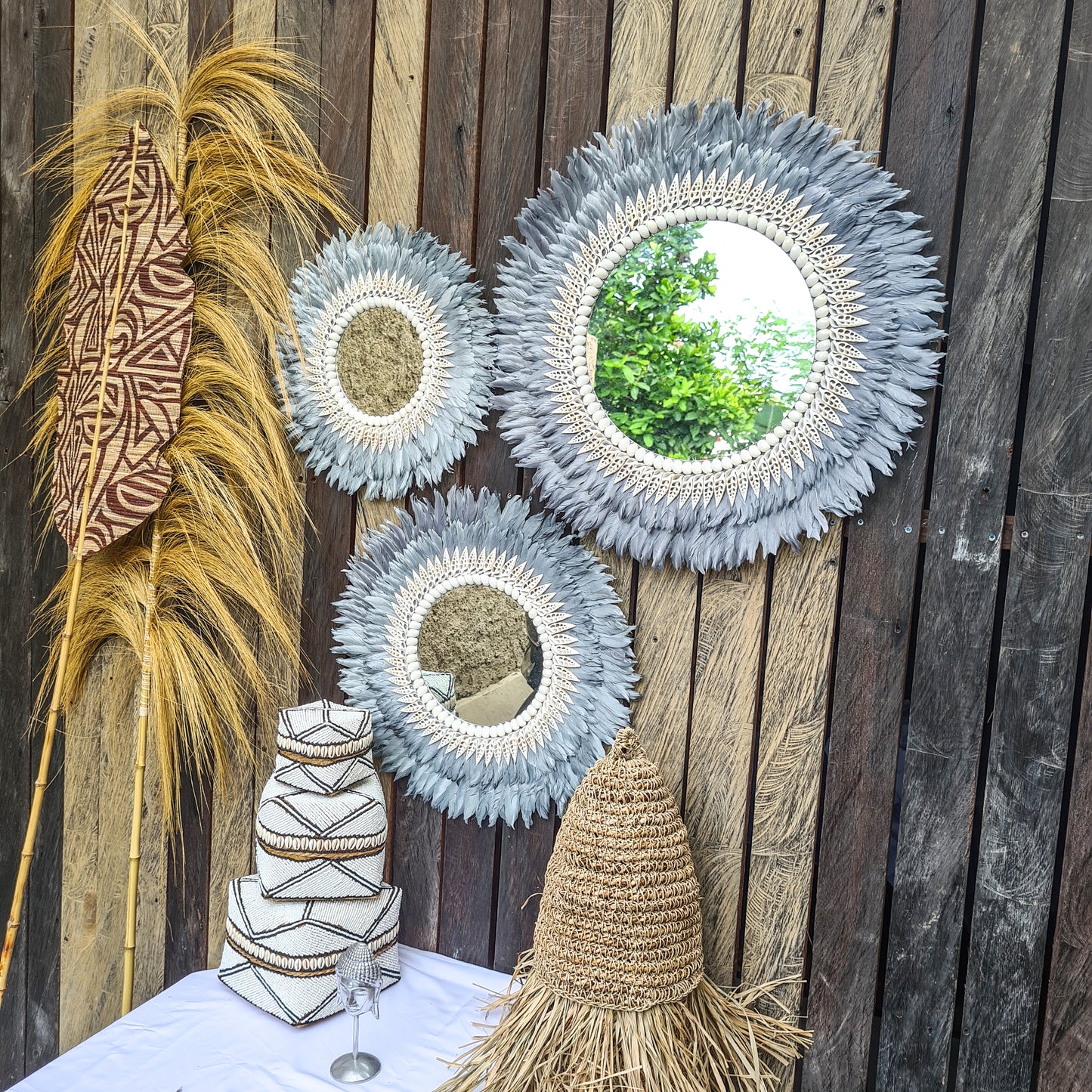 Gray Juju mirror decor 40,50,60cm feather frame juju hat wall decor boho decor wall hangings sea shells decor bohemian item