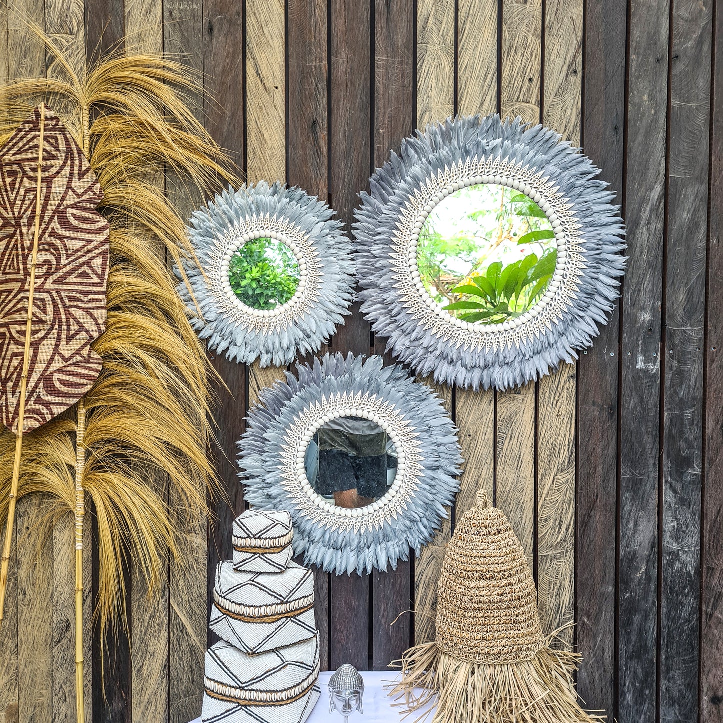 Gray Juju mirror decor 40,50,60cm feather frame juju hat wall decor boho decor wall hangings sea shells decor bohemian item