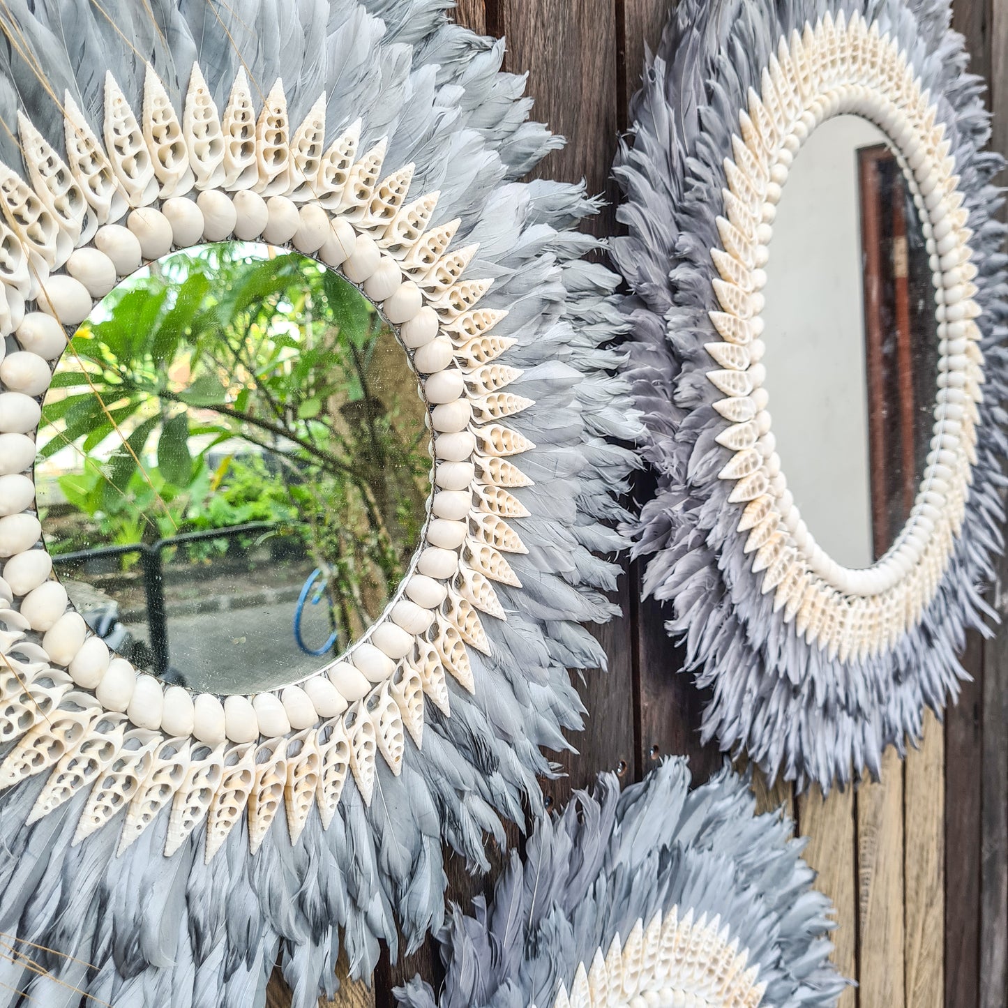 Gray Juju mirror decor 40,50,60cm feather frame juju hat wall decor boho decor wall hangings sea shells decor bohemian item