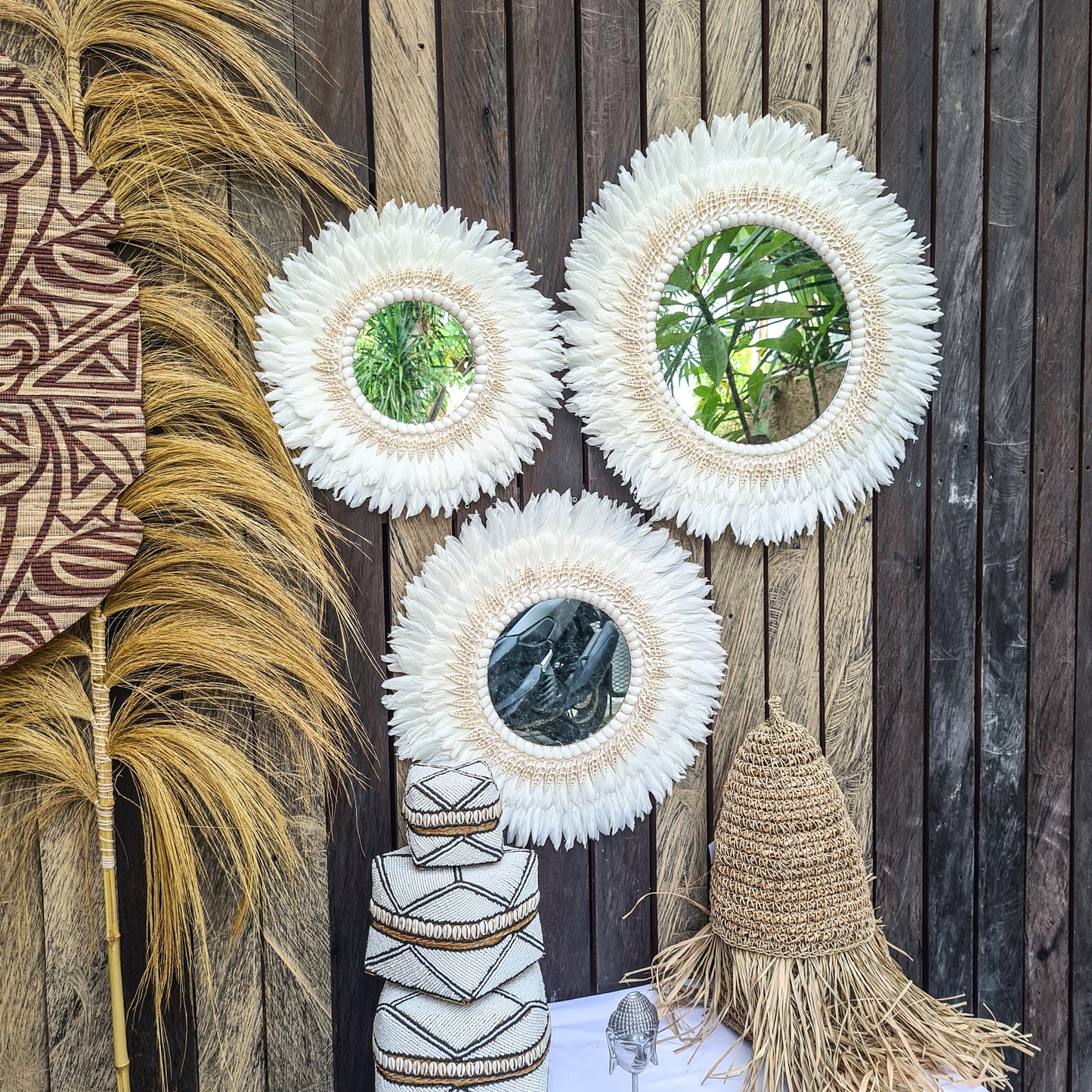 White Juju mirror decor 40,50,60cm wall decor feather frame juju hat boho decor wall hangings sea shells decoration