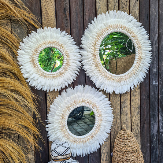White Juju mirror decor 40,50,60cm wall decor feather frame juju hat boho decor wall hangings sea shells decoration