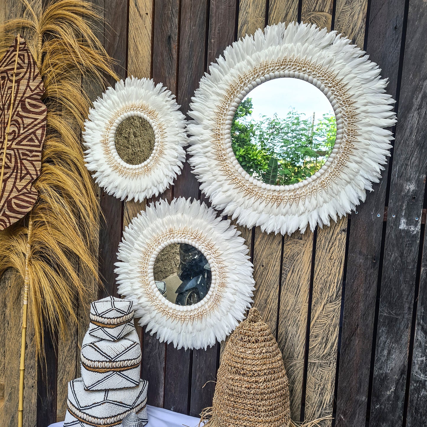White Juju mirror decor 40,50,60cm wall decor feather frame juju hat boho decor wall hangings sea shells decoration