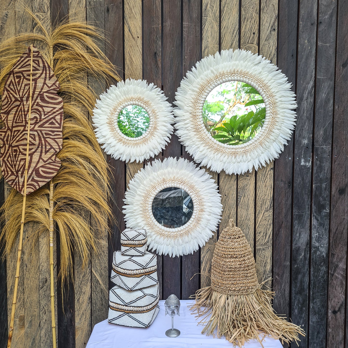 White Juju mirror decor 40,50,60cm wall decor feather frame juju hat boho decor wall hangings sea shells decoration