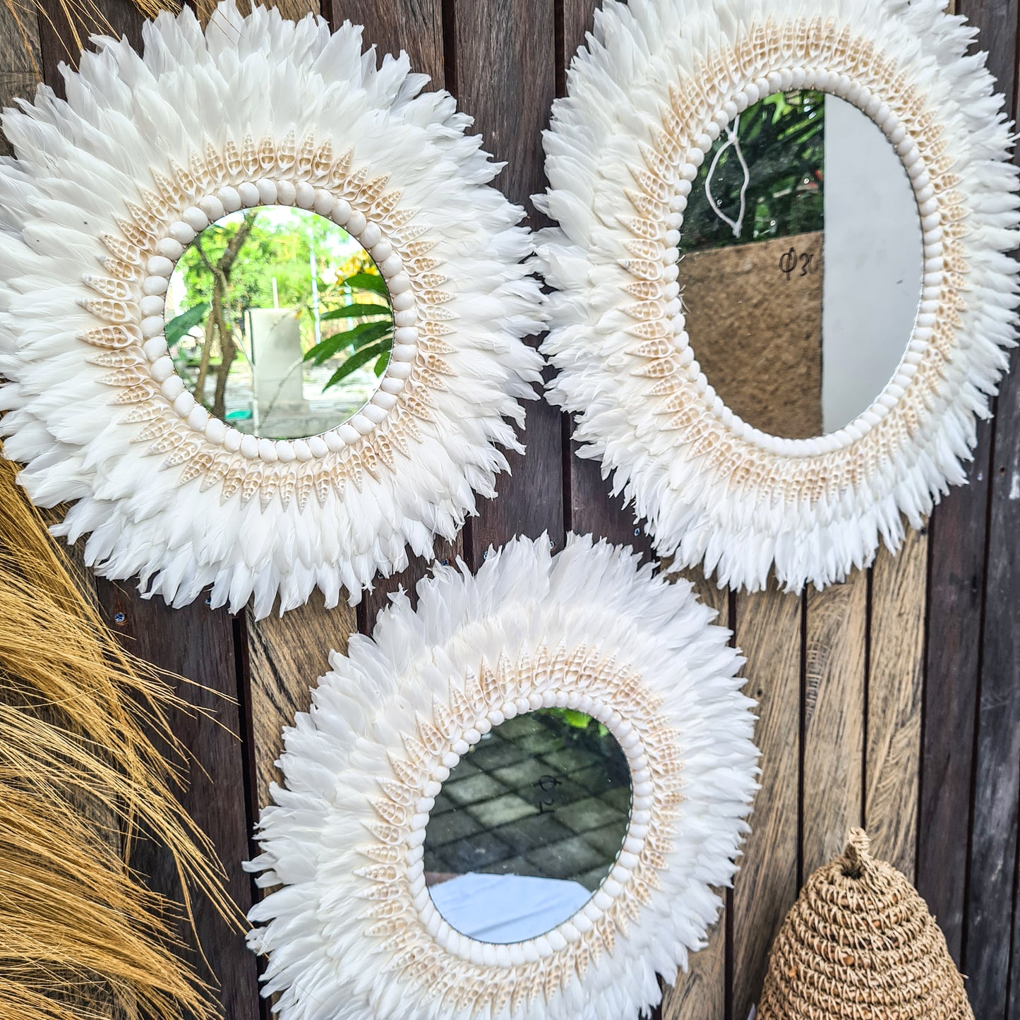 White Juju mirror decor 40,50,60cm wall decor feather frame juju hat boho decor wall hangings sea shells decoration