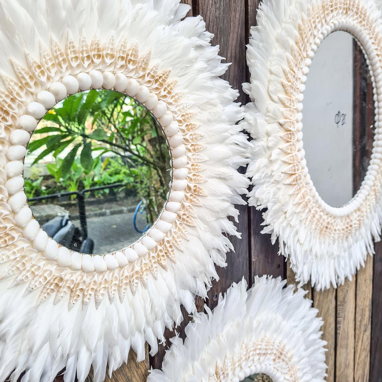 White Juju mirror decor 40,50,60cm wall decor feather frame juju hat boho decor wall hangings sea shells decoration