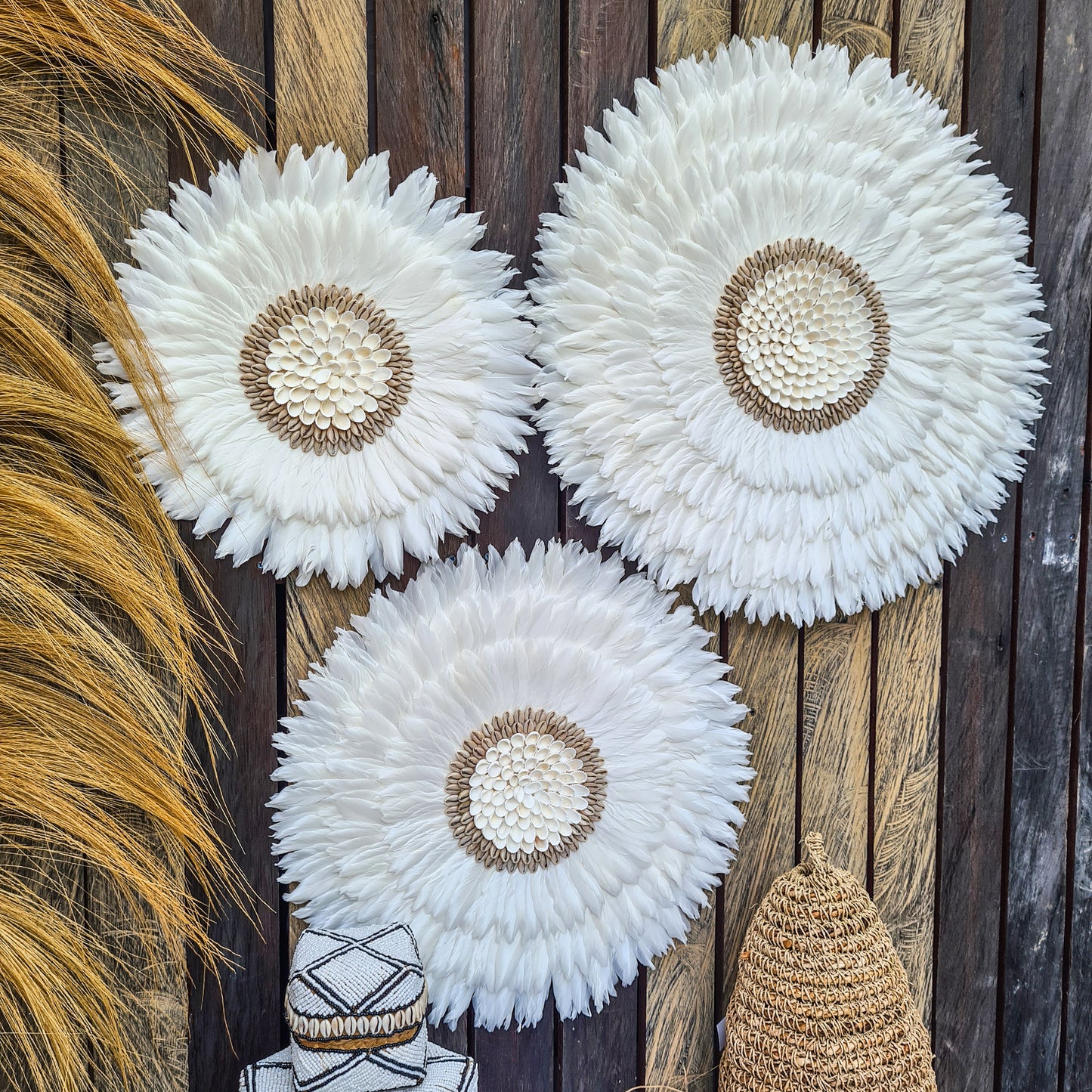 White juju 40, 50, 60cm wall feather decor wall hangings wall baskets juju hat eco feather decoration
