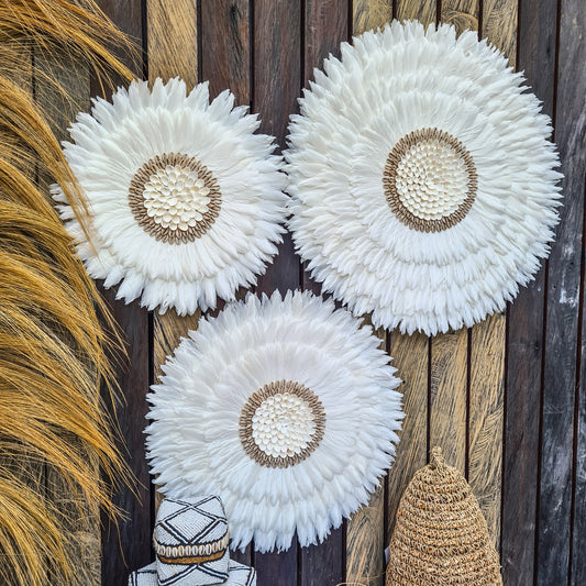 White juju 40, 50, 60cm wall feather decor wall hangings wall baskets juju hat eco feather decoration