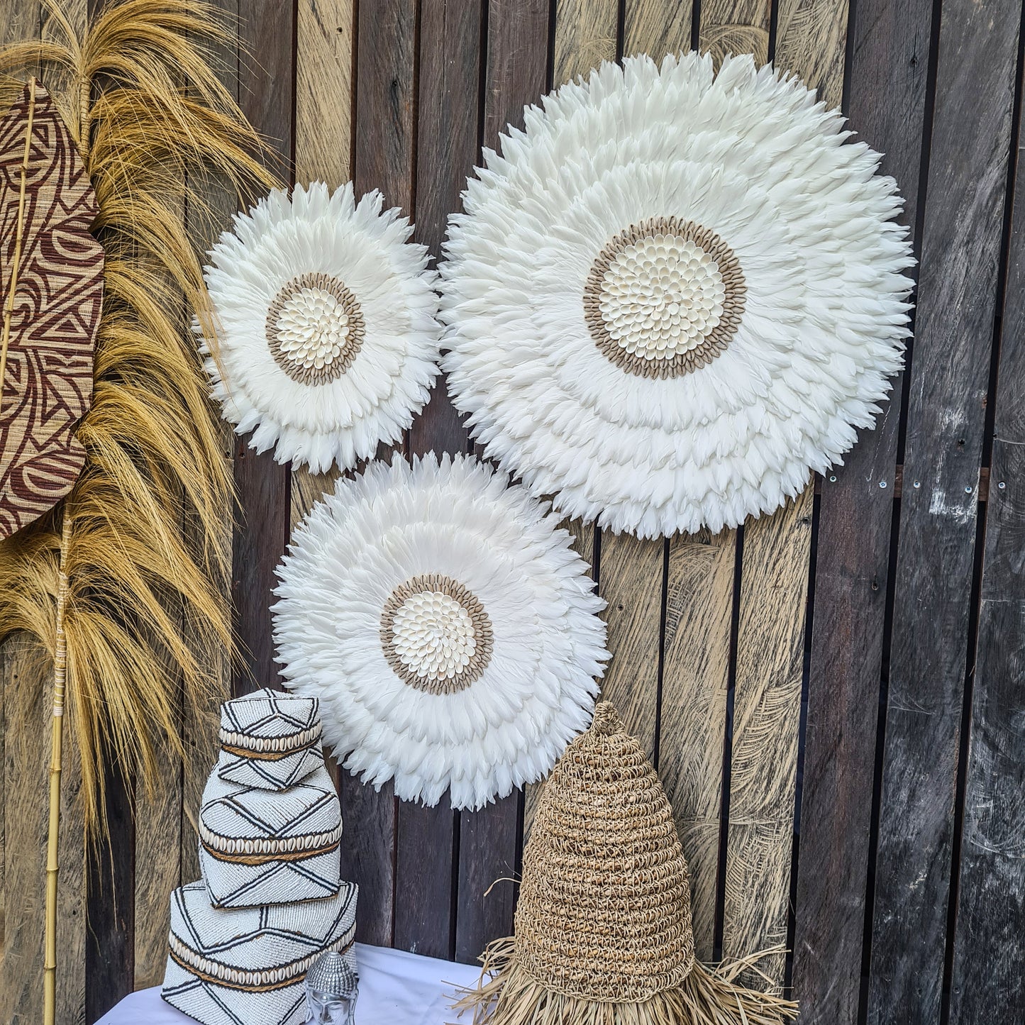 White juju 40, 50, 60cm wall feather decor wall hangings wall baskets juju hat eco feather decoration