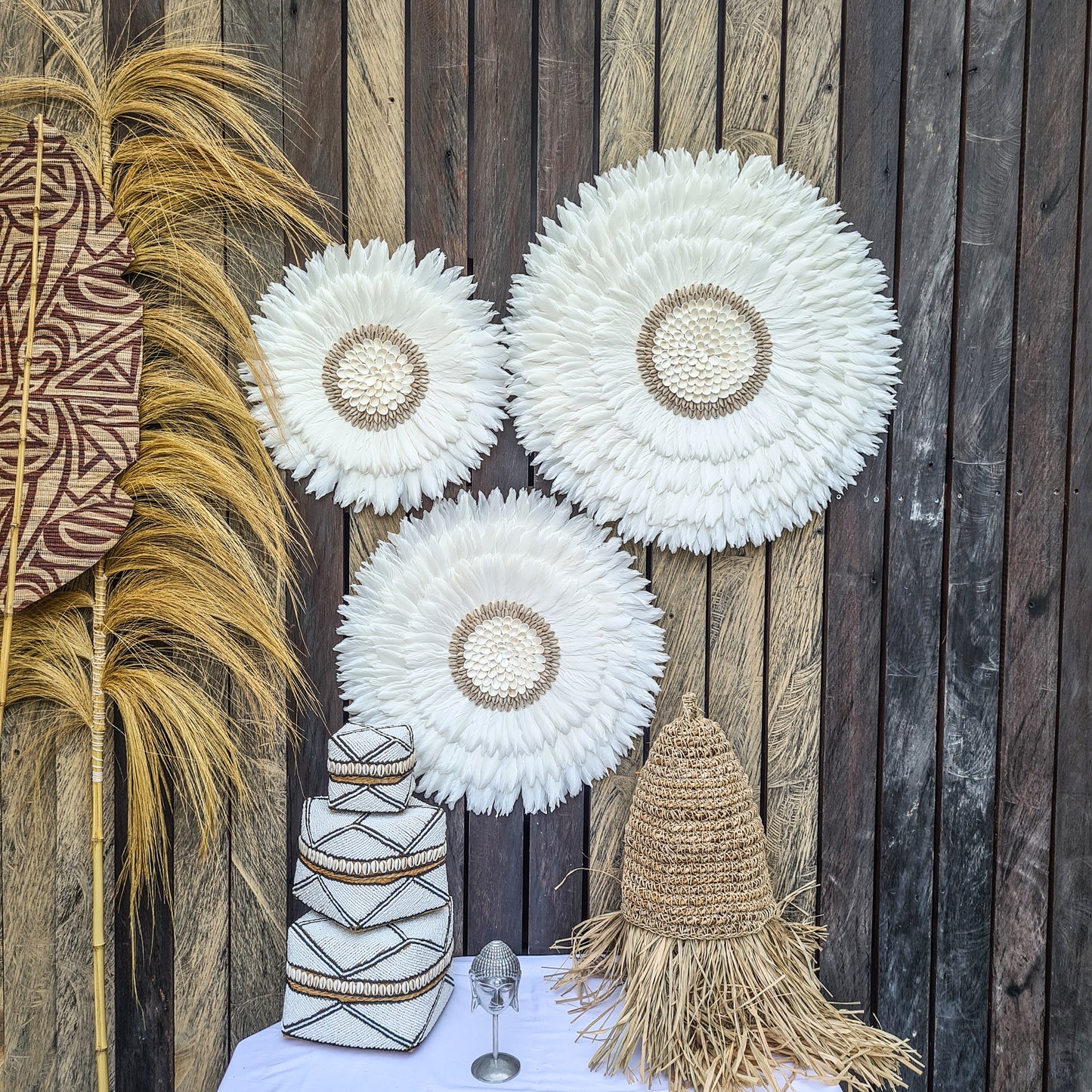 White juju 40, 50, 60cm wall feather decor wall hangings wall baskets juju hat eco feather decoration