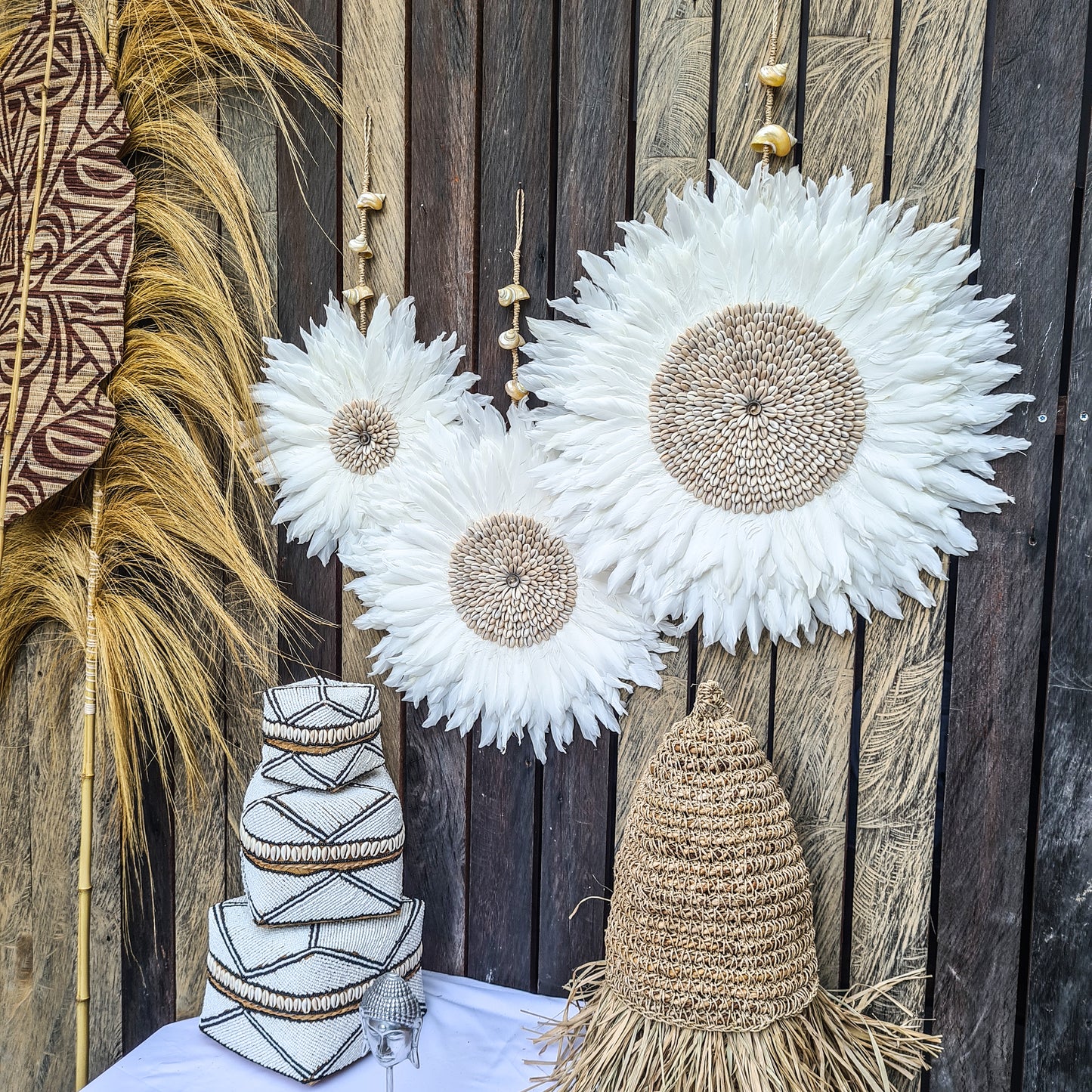 White juju decor 30, 40, 50cm feather wall decor wall hangings eco feather decoration wall baskets juju hat pendant boho decor