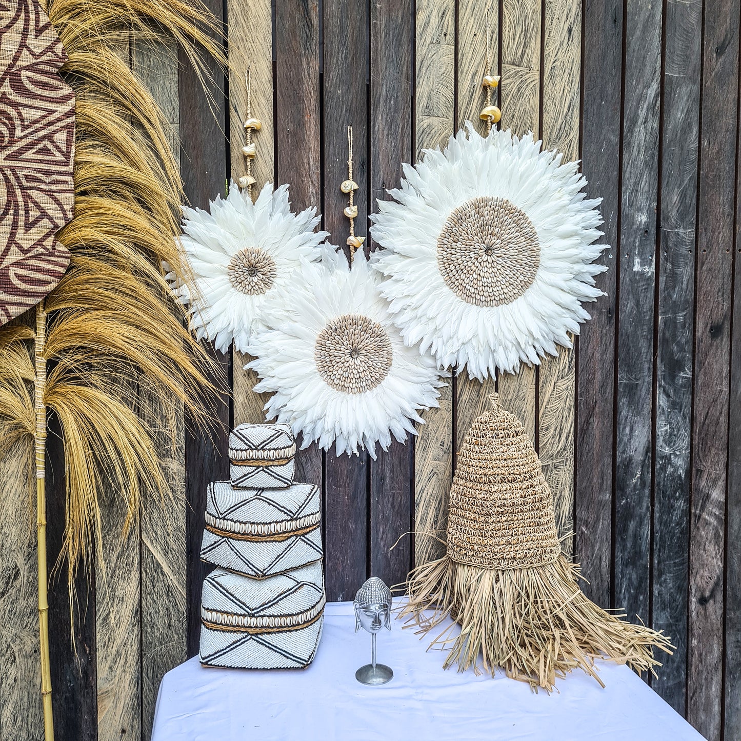 White juju decor 30, 40, 50cm feather wall decor wall hangings eco feather decoration wall baskets juju hat pendant boho decor