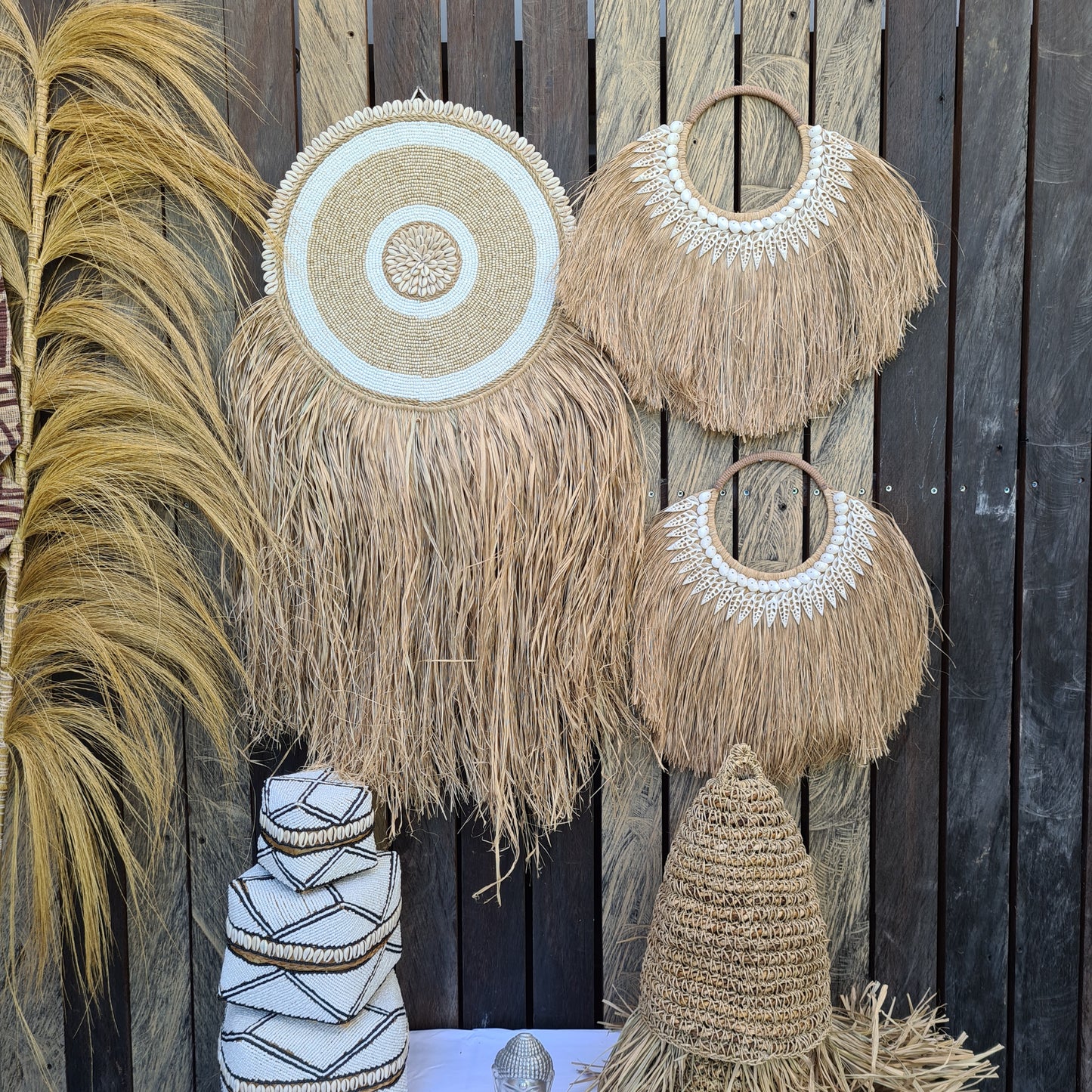 Wall installation 3 items palm leaf rafia juju wall decor decals wall hangings designe bali decor boho baskets wicker