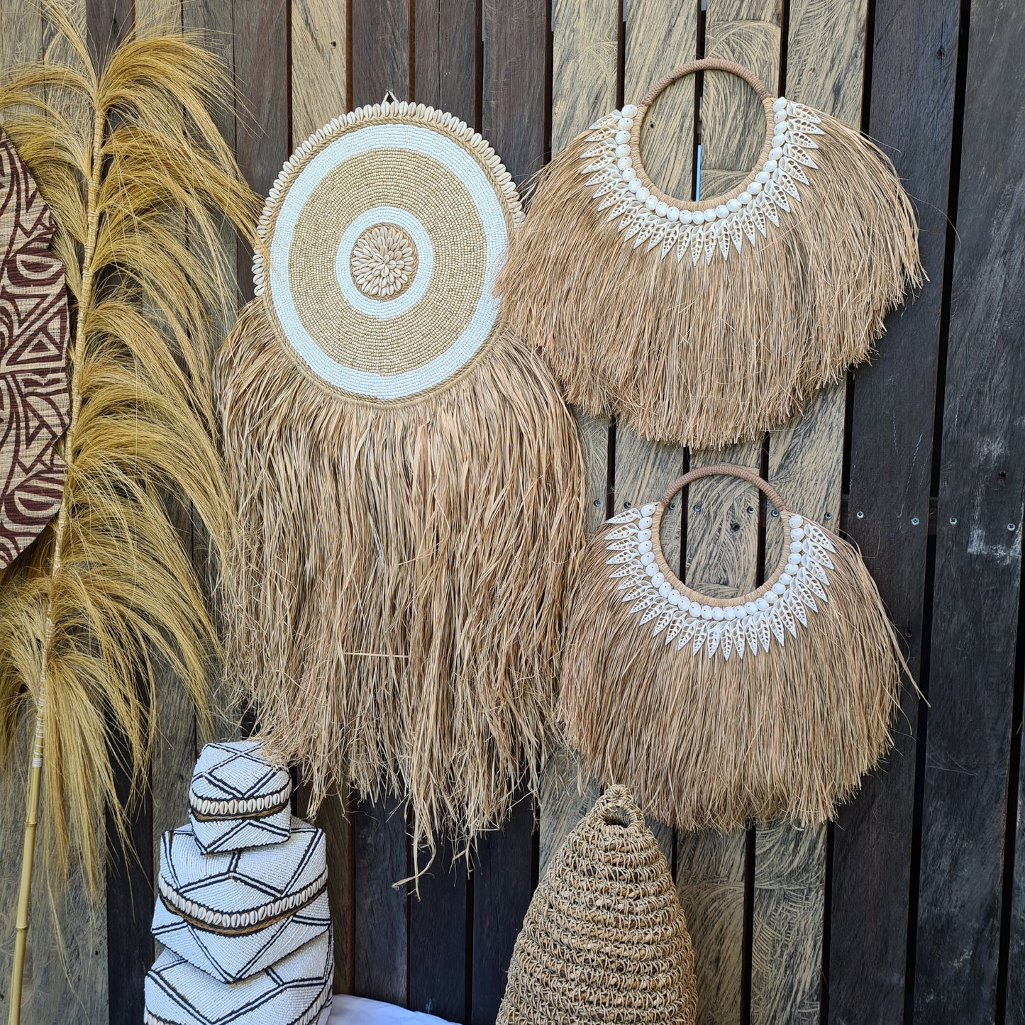 Wall installation 3 items palm leaf rafia juju wall decor decals wall hangings designe bali decor boho baskets wicker