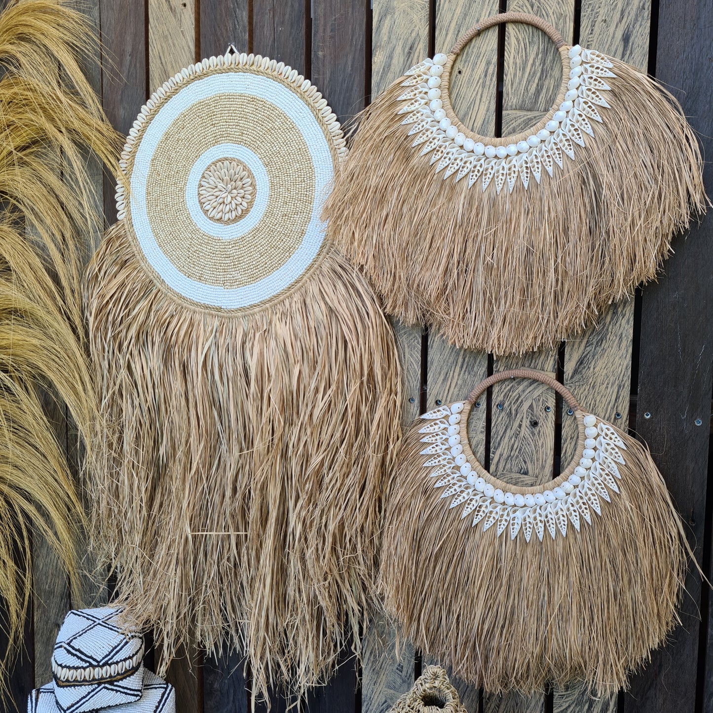 Wall installation 3 items palm leaf rafia juju wall decor decals wall hangings designe bali decor boho baskets wicker