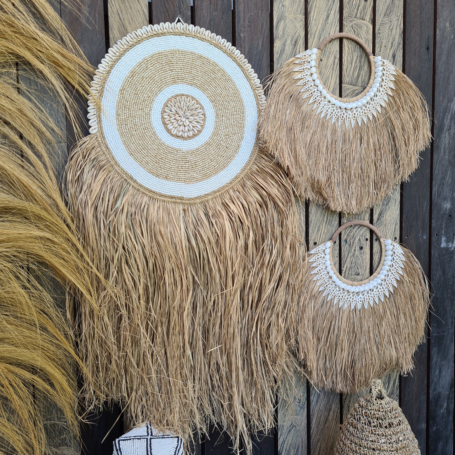 Wall installation 3 items palm leaf rafia juju wall decor decals wall hangings designe bali decor boho baskets wicker