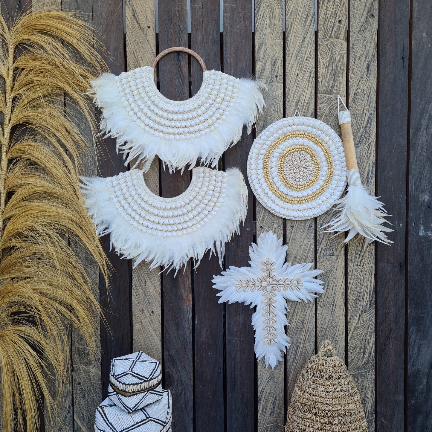 Wall installation 5 items palm leaf rafia juju wall decor decals wall hangings designe bali decor boho baskets wicker catolic